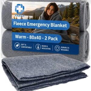 Vakly Emergency Throw Blanket 80 x 40 in (2 Pack) – Disposable Fleece Survival Blanket for Travel, Camping, Car Emergency Kit, Outdoor Use & Homeless Shelters, Gray