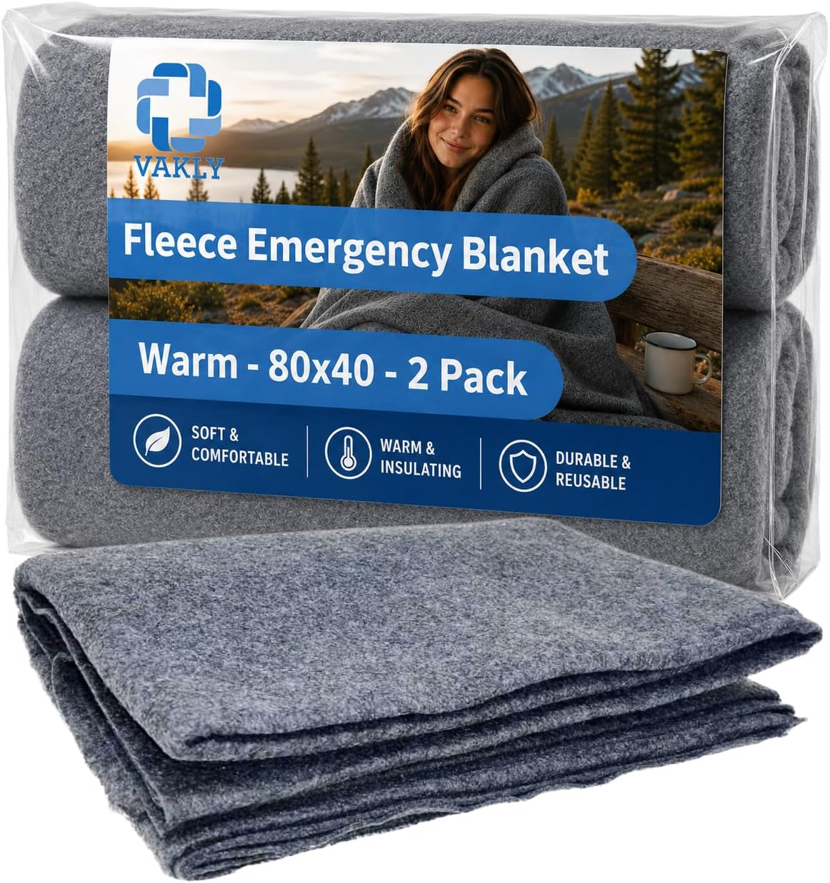 Vakly Emergency Throw Blanket 80 x 40 in (2 Pack) – Disposable Fleece Survival Blanket for Travel, Camping, Car Emergency Kit, Outdoor Use & Homeless Shelters, Gray